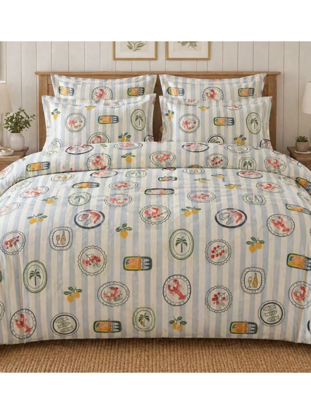 New Coastal Nautical Queen Duvet Cover Set Blue Striped Lobster Lemon Palm Tree